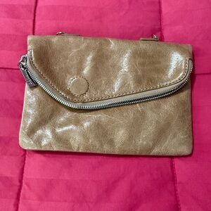 Compact Taupe Curved-Zip Wristlet Clutch